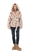 Učitajte sliku u preglednik galerije, Kratka bunda od umjetnog krzna s kapuljačom i pojasom

