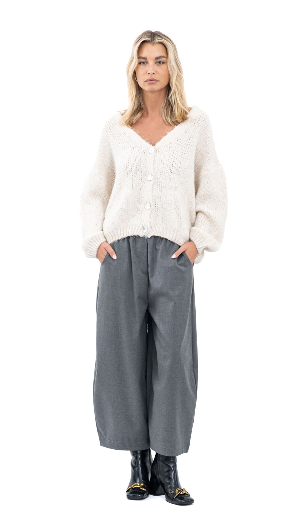 Sive široke hlače s elastičnim strukom